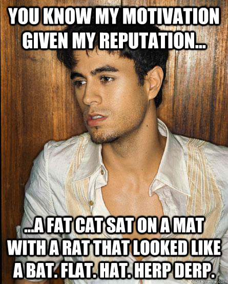 You know my motivation Given my reputation... ...a fat cat sat on a mat with a rat that looked like a bat. flat. hat. herp derp. - You know my motivation Given my reputation... ...a fat cat sat on a mat with a rat that looked like a bat. flat. hat. herp derp.  New Pop Song