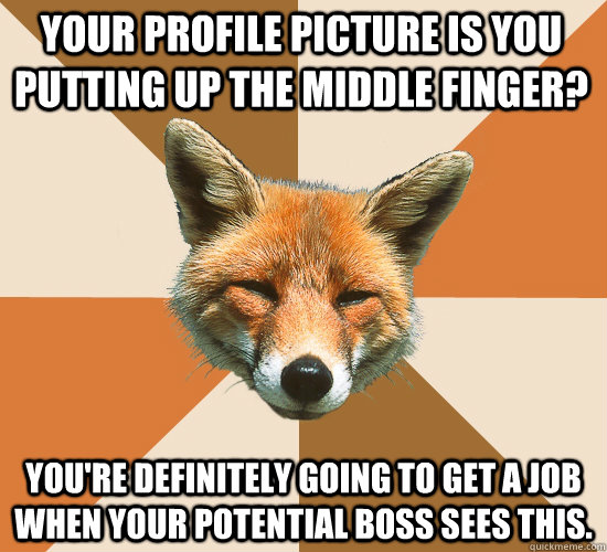 Your profile picture is you putting up the middle finger? You're definitely going to get a job when your potential boss sees this.   Condescending Fox