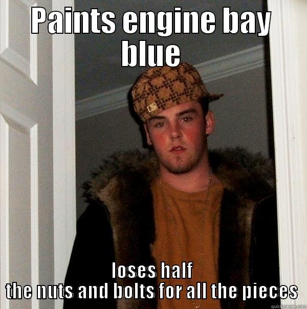 PAINTS ENGINE BAY BLUE LOSES HALF THE NUTS AND BOLTS FOR ALL THE PIECES Scumbag Steve