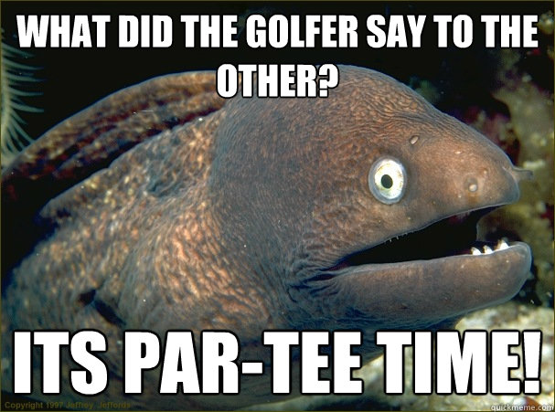 What did the golfer say to the other? Its par-tee time!  Bad Joke Eel