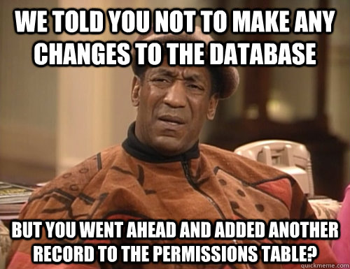 We told you not to make any changes to the database but you went ahead and added another record to the permissions table? - We told you not to make any changes to the database but you went ahead and added another record to the permissions table?  Confounded Cosby