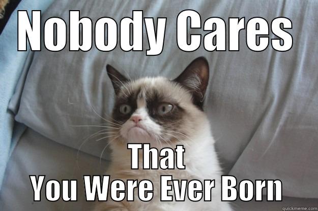 Grump Cat Says - NOBODY CARES THAT YOU WERE EVER BORN Grumpy Cat