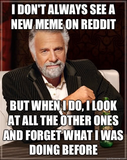 I don't always see a new meme on reddit but when I do, I look at all the other ones and forget what I was doing before   The Most Interesting Man In The World