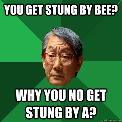 you get stung by bee? why you no get stung by a?  High Expectations Asian Father