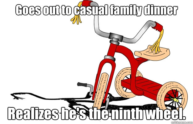 Goes out to casual family dinner Realizes he's the ninth wheel.  Third Wheel Trike