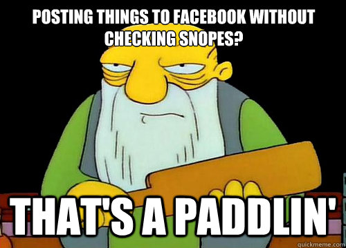 Posting things to Facebook without checking Snopes? That's a paddlin'  Thats a paddlin