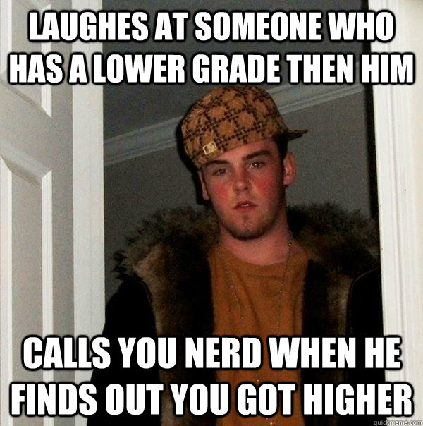 Laughes at someone who has a lower grade then him Calls you nerd when he finds out you got higher  Scumbag Steve