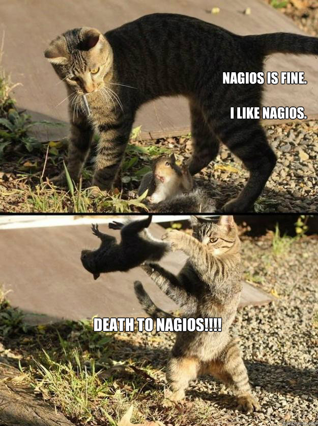 Nagios is fine.

I like Nagios. DEATH TO NAGIOS!!!!  Annoying Squirrel