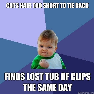 Cuts hair too short to tie back finds lost tub of clips the same day  Success Kid