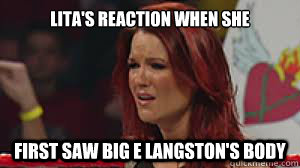 Lita's reaction when she  first saw big e langston's body  lita