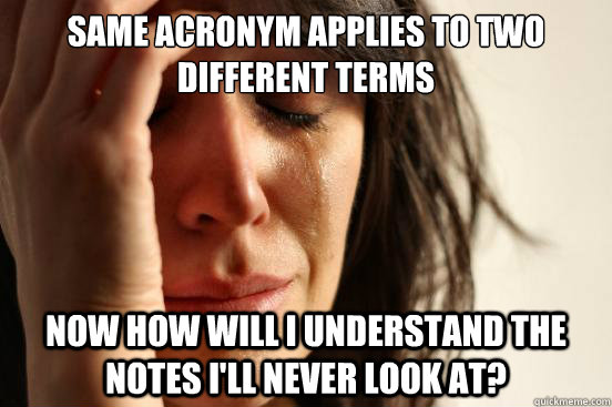 Same acronym applies to two different terms Now how will I understand the notes I'll never look at?  First World Problems