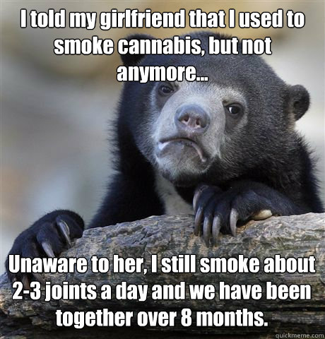 I told my girlfriend that I used to smoke cannabis, but not anymore... Unaware to her, I still smoke about 2-3 joints a day and we have been together over 8 months.  Confession Bear