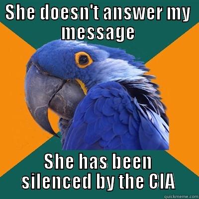 SHE DOESN'T ANSWER MY MESSAGE SHE HAS BEEN SILENCED BY THE CIA Paranoid Parrot