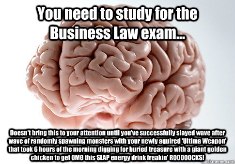 You need to study for the Business Law exam... Doesn't bring this to your attention until you've successfully slayed wave after wave of randomly spawning monsters with your newly aquired 'Ultima Weapon' that took 6 hours of the morning digging for buried   Scumbag Brain