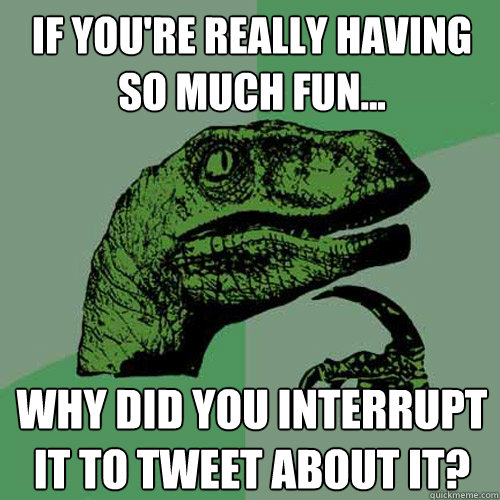 If you're really having so much fun... why did you interrupt it to tweet about it? - If you're really having so much fun... why did you interrupt it to tweet about it?  Philosoraptor