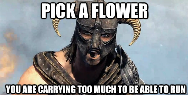 pick a flower you are carrying too much to be able to run  skyrim