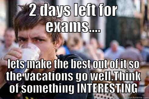 2 DAYS LEFT FOR EXAMS.... LETS MAKE THE BEST OUT OF IT SO THE VACATIONS GO WELL.THINK OF SOMETHING INTERESTING Lazy College Senior