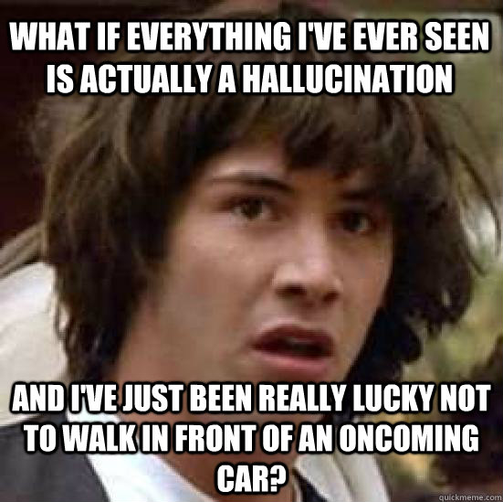 What if everything I've ever seen is actually a hallucination and I've just been really lucky not to walk in front of an oncoming car?  conspiracy keanu