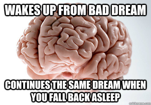 Wakes up from bad dream Continues the same dream when you fall back asleep  Scumbag Brain