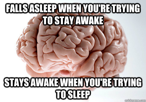 falls asleep when you're trying to stay awake stays awake when you're trying to sleep  Scumbag Brain