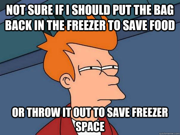 Not sure if i should put the bag back in the freezer to save food or throw it out to save freezer space  Futurama Fry