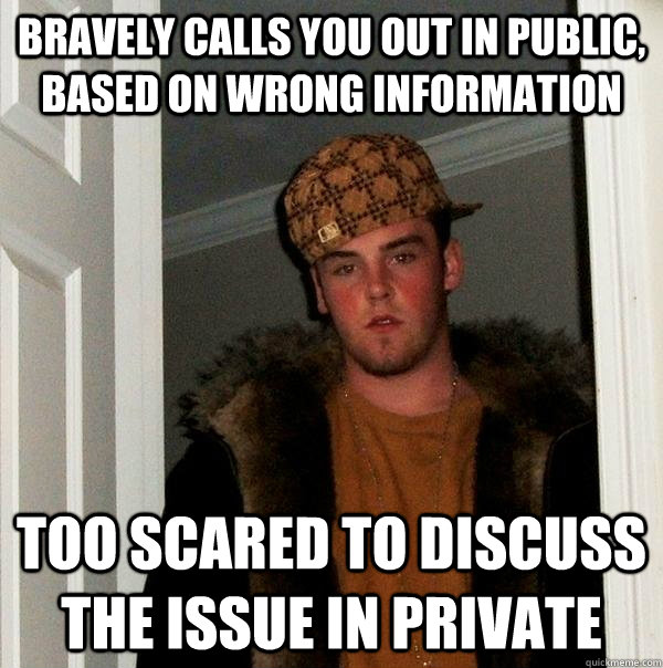 Bravely calls you out in public, based on wrong information Too scared to discuss the issue in private - Bravely calls you out in public, based on wrong information Too scared to discuss the issue in private  Scumbag Steve