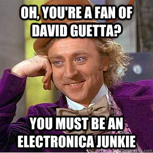 oh, you're a fan of david guetta? you must be an electronica junkie  Condescending Wonka