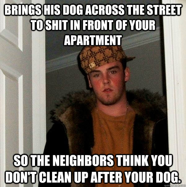 Brings his dog across the street to shit in front of your apartment So the neighbors think you don't clean up after your dog.  Scumbag Steve