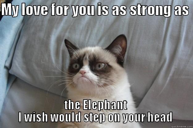 MY LOVE FOR YOU IS AS STRONG AS  THE ELEPHANT I WISH WOULD STEP ON YOUR HEAD Grumpy Cat