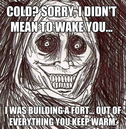 Cold? Sorry, I didn't mean to wake you...  I was building a fort... out of everything you keep warm. Caption 3 goes here - Cold? Sorry, I didn't mean to wake you...  I was building a fort... out of everything you keep warm. Caption 3 goes here  Horrifying Houseguest