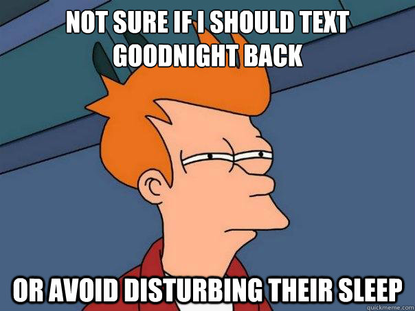 Not sure if I should text goodnight back or avoid disturbing their sleep  Futurama Fry