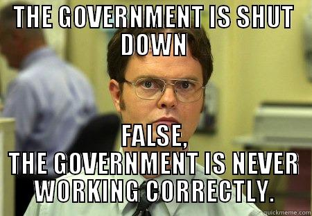 THE GOVERNMENT IS SHUT DOWN FALSE, THE GOVERNMENT IS NEVER WORKING CORRECTLY. Schrute