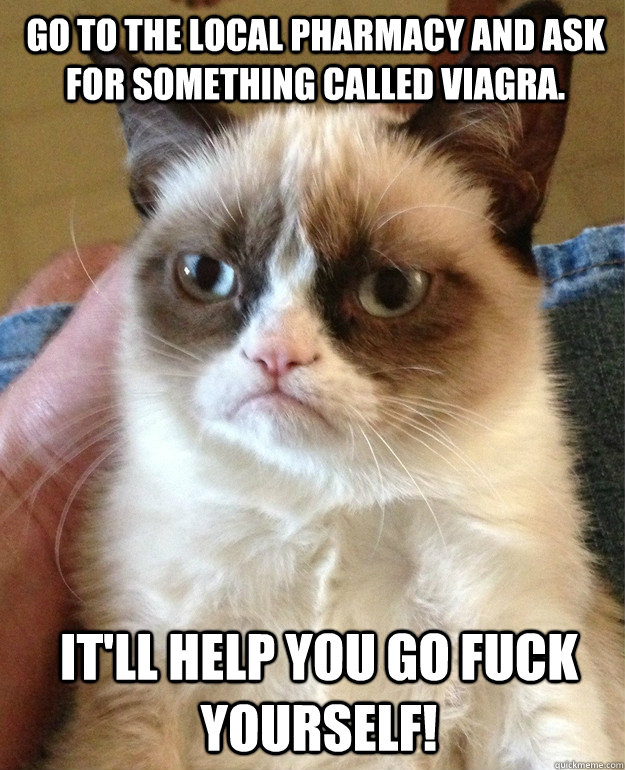 Go to the local pharmacy and ask for something called viagra. It'll help you go fuck yourself!  Grumpy Cat