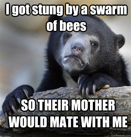 I got stung by a swarm of bees SO THEIR MOTHER WOULD MATE WITH ME - I got stung by a swarm of bees SO THEIR MOTHER WOULD MATE WITH ME  Confession Bear