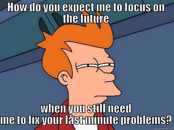 HOW DO YOU EXPECT ME TO FOCUS ON THE FUTURE WHEN YOU STILL NEED ME TO FIX YOUR LAST MINUTE PROBLEMS? Futurama Fry