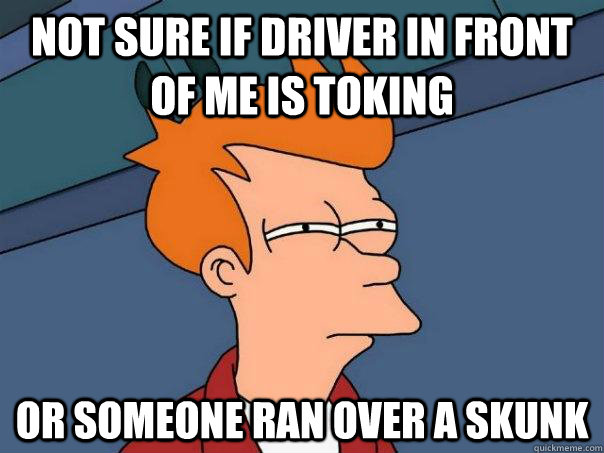 Not sure if driver in front of me is toking or someone ran over a skunk  Futurama Fry