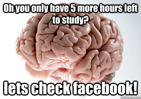 Oh you only have 5 more hours left to study? lets check facebook!   Scumbag Brain