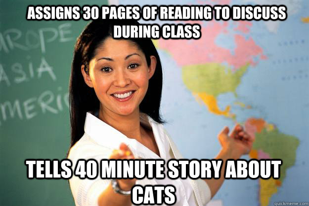 assigns 30 pages of reading to discuss during class tells 40 minute story about cats  Unhelpful High School Teacher