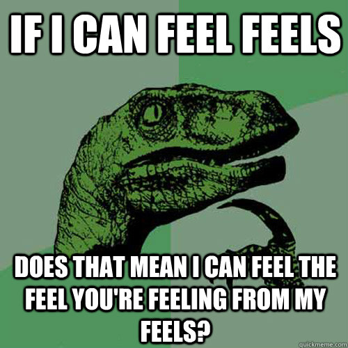 If I can feel feels Does that mean i can feel the feel you're feeling from my feels?  Philosoraptor