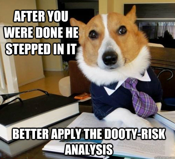 After you were done he stepped in it better apply the dooty-risk analysis   Lawyer Dog