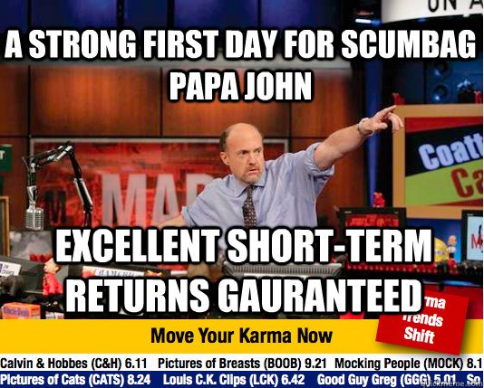 A strong first day for scumbag papa john Excellent short-term returns gauranteed - A strong first day for scumbag papa john Excellent short-term returns gauranteed  Mad Karma with Jim Cramer