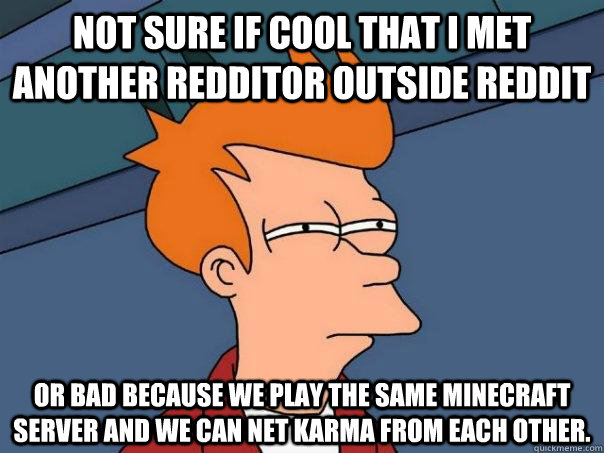 Not sure if cool that I met another redditor outside reddit or bad because we play the same Minecraft server and we can net karma from each other.  Futurama Fry