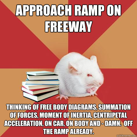 approach ramp on freeway thinking of free body diagrams, summation of forces, moment of inertia, centripetal acceleration, on car, on body and - damn.  Off the ramp already.  Science Major Mouse