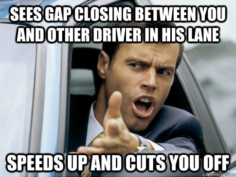 sees gap closing between you and other driver in his lane speeds up and cuts you off    Asshole driver