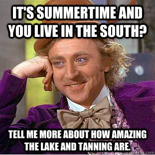 It's summertime and you live in the south? Tell me more about how amazing the lake and tanning are. - It's summertime and you live in the south? Tell me more about how amazing the lake and tanning are.  Condescending Wonka