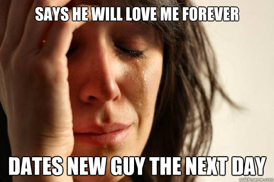 Says he will love me forever Dates new guy the next day  First World Problems