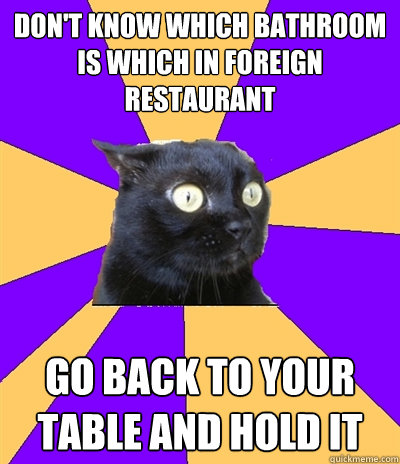 don't know which bathroom is which in foreign restaurant go back to your table and hold it  Anxiety Cat