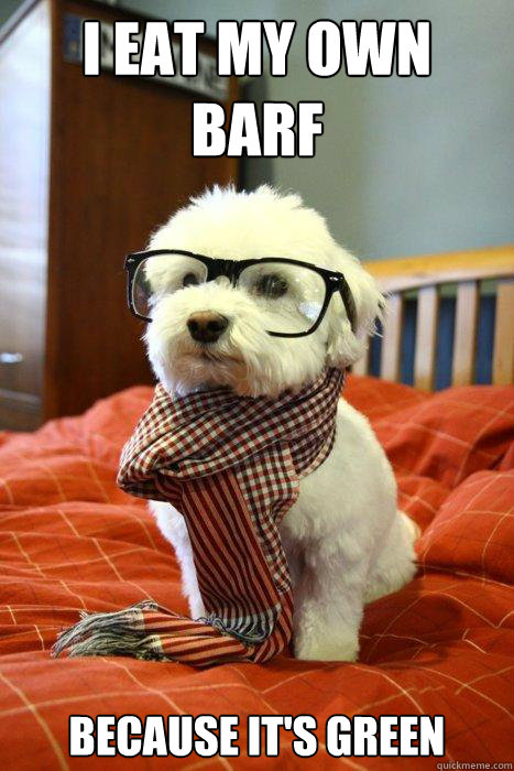 I eat my own barf because it's green - I eat my own barf because it's green  Hipster Dog