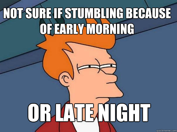 not sure if stumbling because of early morning  or late night  - not sure if stumbling because of early morning  or late night   Futurama Fry