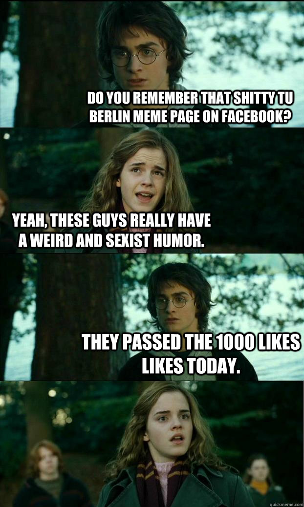 Do you remember that shitty TU Berlin Meme page on facebook? Yeah, these guys really have a weird and sexist humor. They passed the 1000 likes likes today.  Horny Harry